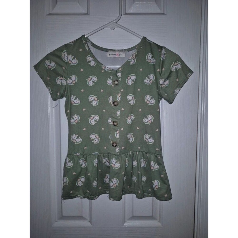 Glitter Girl Unicorn Print Peplum Top 10-12